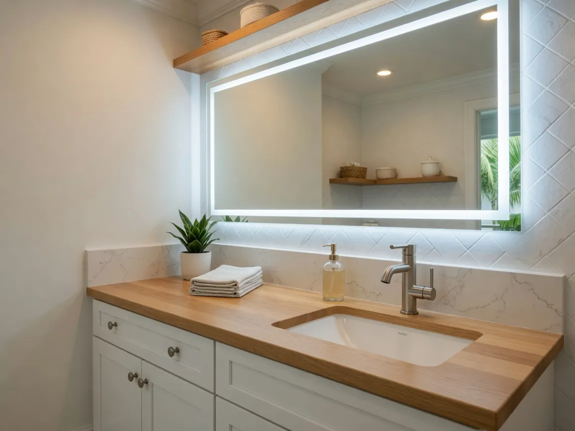 Primary bathroom vanity and lighting remodel with modern fixtures