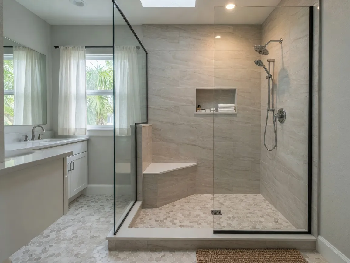 Tub-to-shower conversion with bench seating and glass enclosure